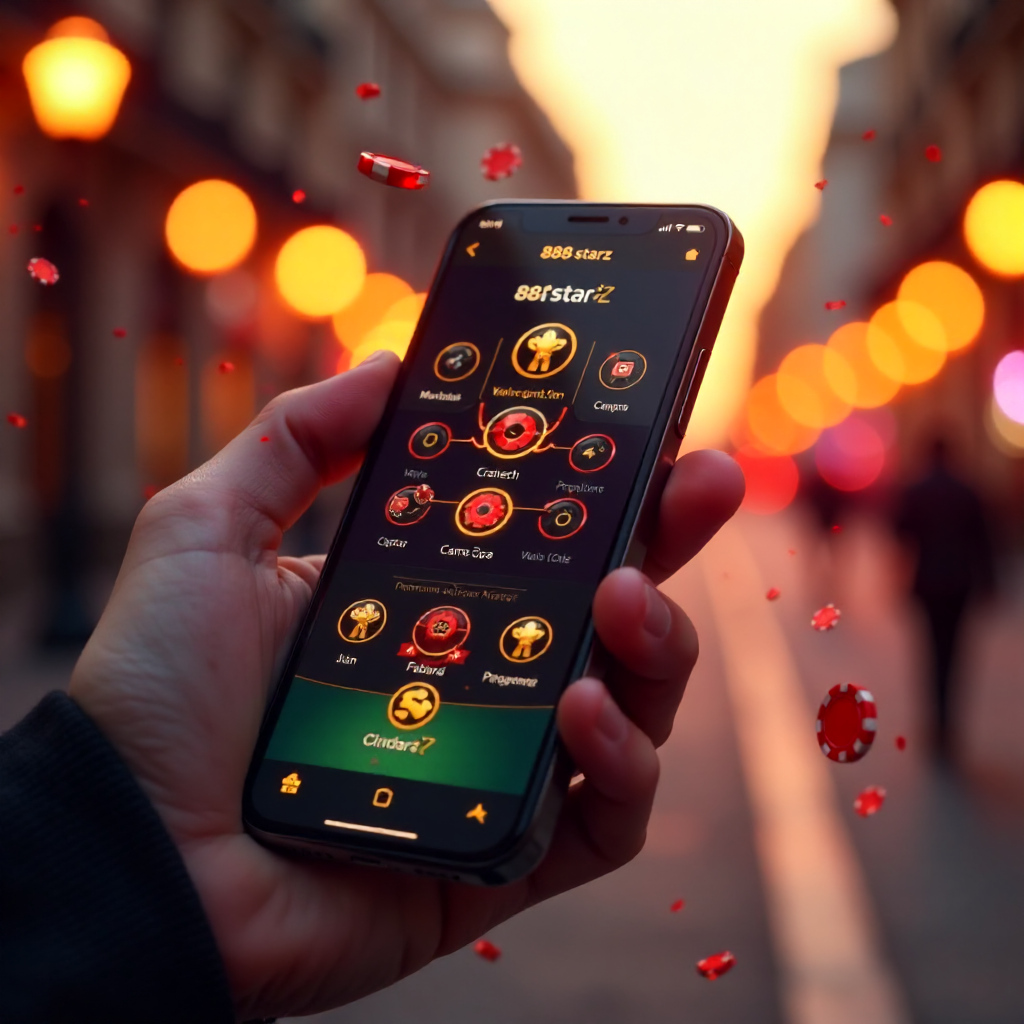 A premium smartphone in a hand with the 888starz app interface, background featuring a blurred Gran Vía in Madrid at sunset, 3D flying gold coins and red poker chips, brand colors red and black, hyper-realistic, 8k.